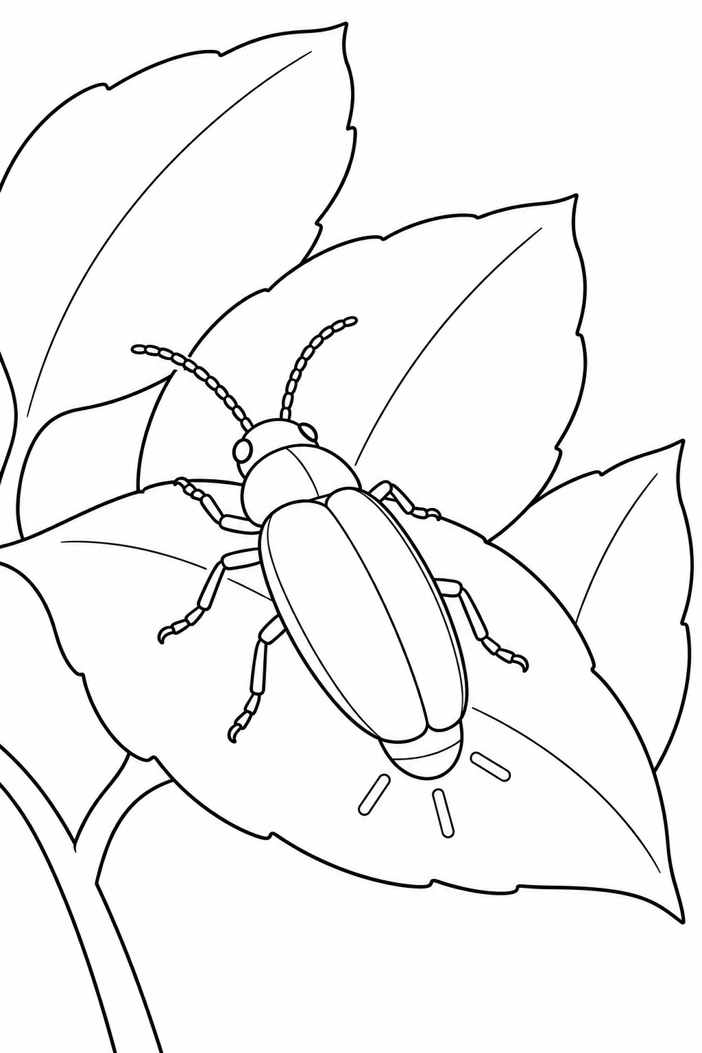 A firefly rests diagonally on a broad foreground leaf, with three leaves arranged behind it. Closed wing covers, leaf veins and three short tail rays offer separate coloring areas.