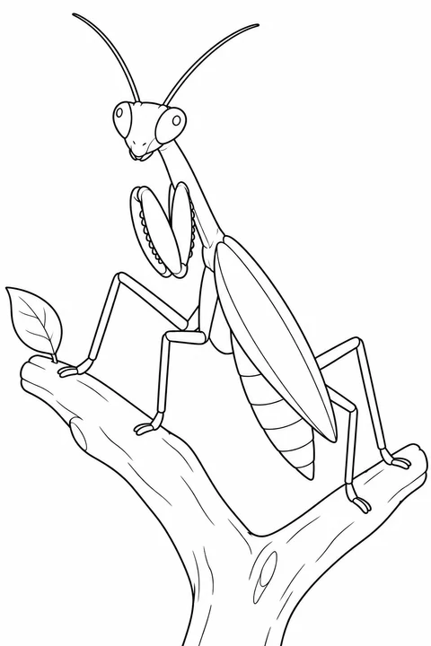 A mantis leans diagonally across a forked branch with one small leaf. Its front legs are folded beside the long chest, and its closed wings cover a curved, segmented abdomen.