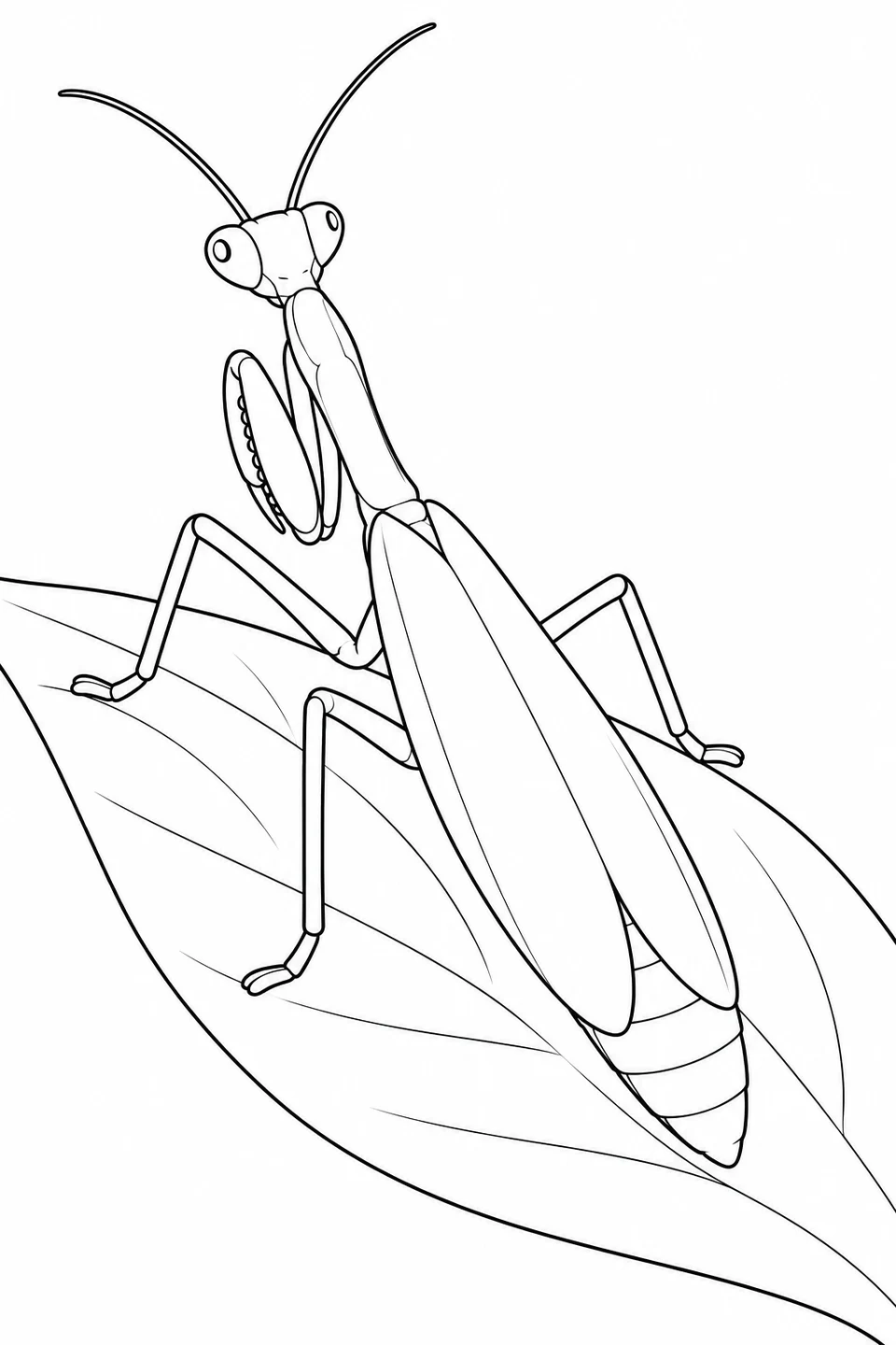 A mantis rests diagonally across a broad leaf, with its head at the upper left and abdomen at the lower right. Closed wings and curved abdomen sections lie above the leaf’s long veins.