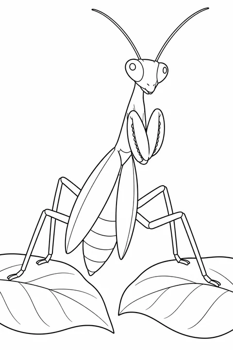 A mantis stands across a gap between two broad leaves, with walking feet resting on both sides. Its front legs are folded at the chest, above long closed wings and a segmented abdomen.