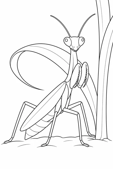 A mantis stands beside an upright stem, with a long grass leaf looping behind it. Two antennae rise above the triangular head, and folded front legs sit beside the long chest.
