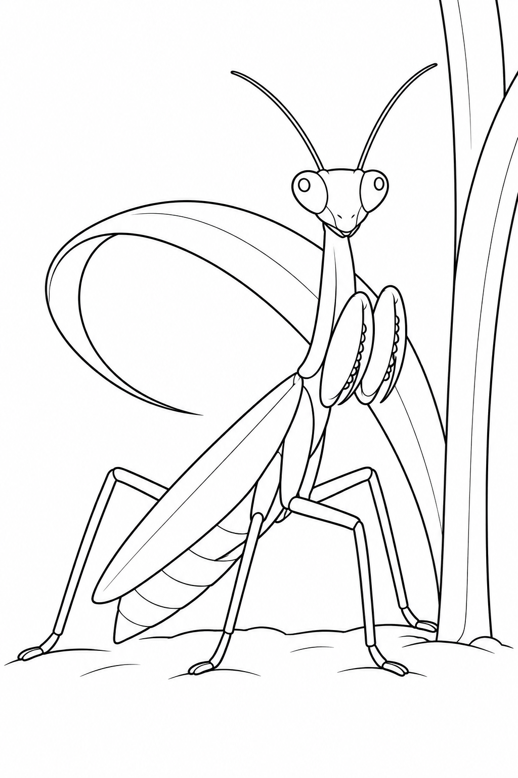 A mantis stands beside an upright stem, with a long grass leaf looping behind it. Two antennae rise above the triangular head, and folded front legs sit beside the long chest.