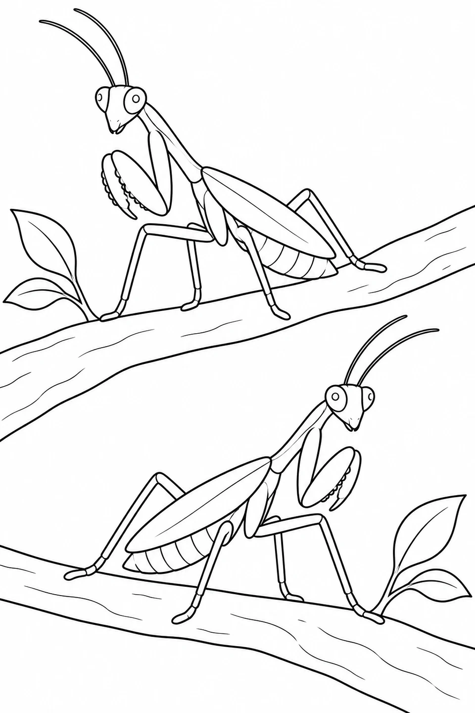 Two mantises face opposite ways on separate branches, with folded front legs, long antennae and closed wings.