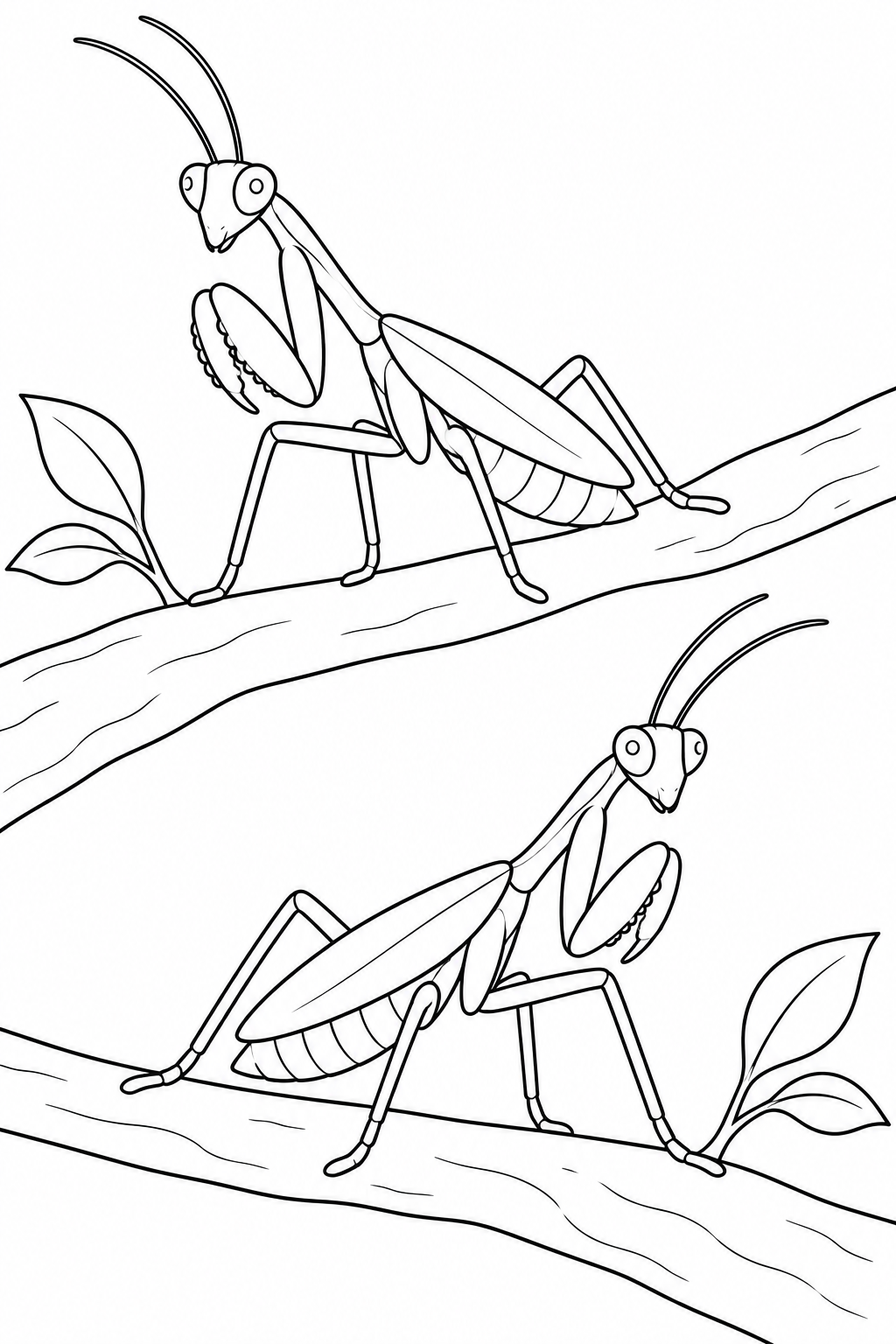 Two mantises face opposite ways on separate branches, with folded front legs, long antennae and closed wings.