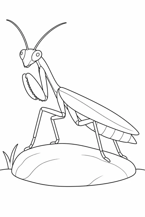 A mantis stands on a low rounded stone, with its head facing left, folded front legs and long closed wings above a curved abdomen.