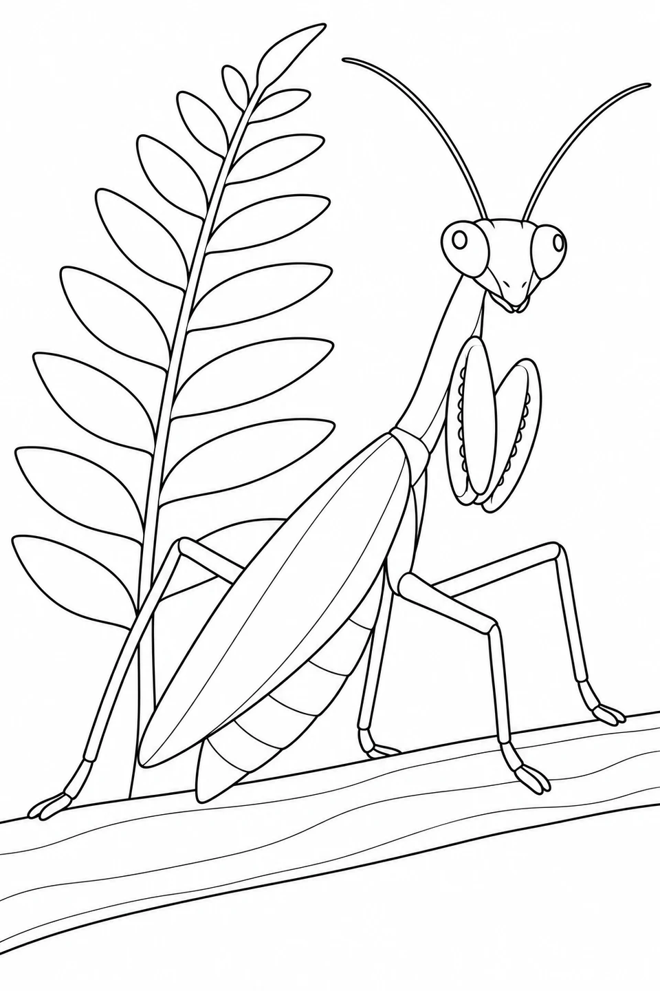 A mantis faces right on a thick stem, with folded front legs and a large feather-shaped leaf behind its closed wings.
