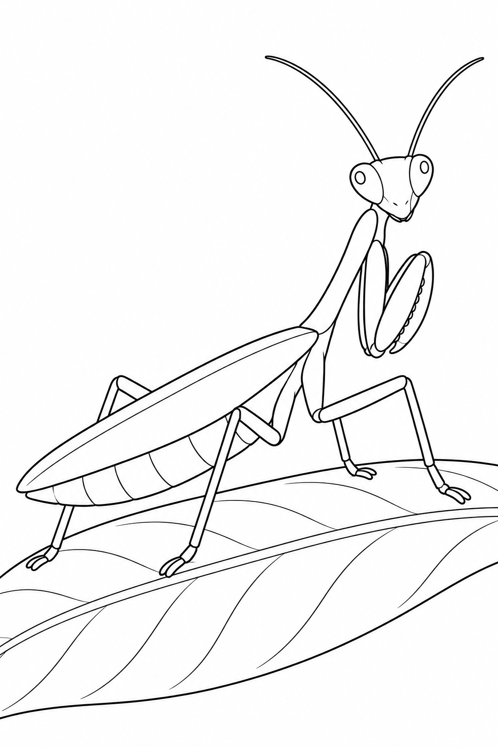 A mantis rests on a broad veined leaf, with its wing-covered body extending left and its triangular head turned slightly toward the viewer on the right.