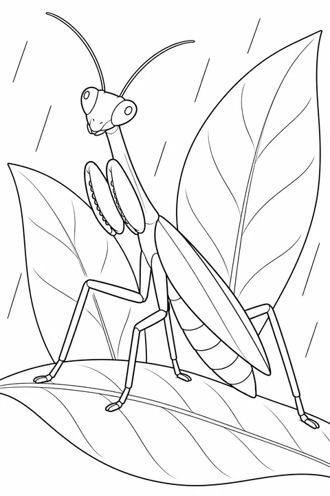 A mantis stands on a broad foreground leaf, with folded front legs, long closed wings, two tall leaves behind it and scattered rain lines.