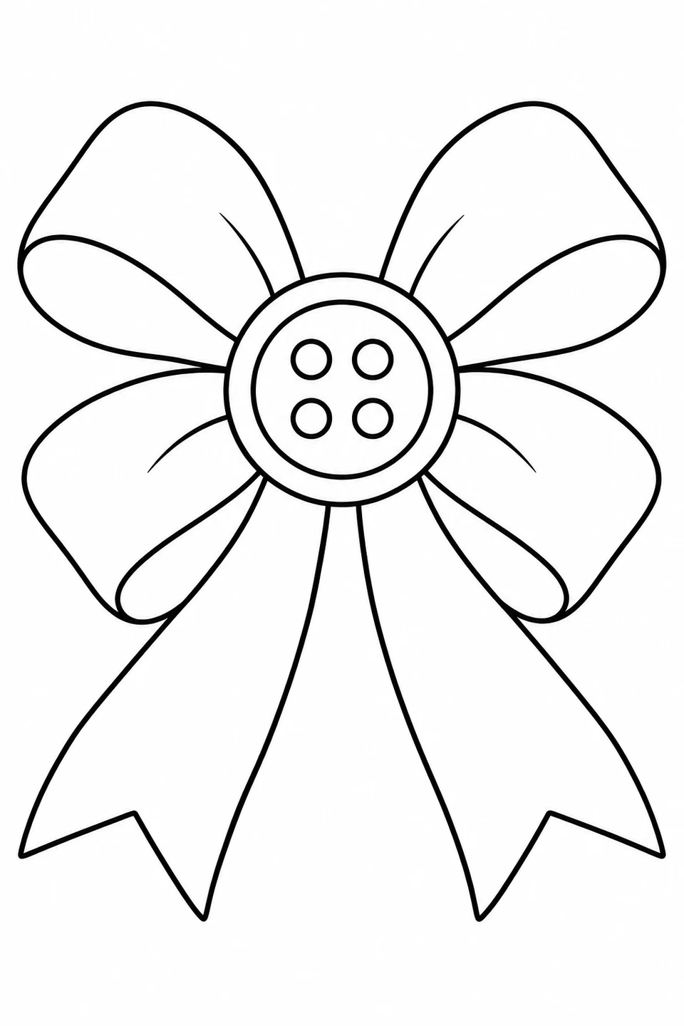A large button with four holes sits at the center of a four-loop bow with two notched tails.