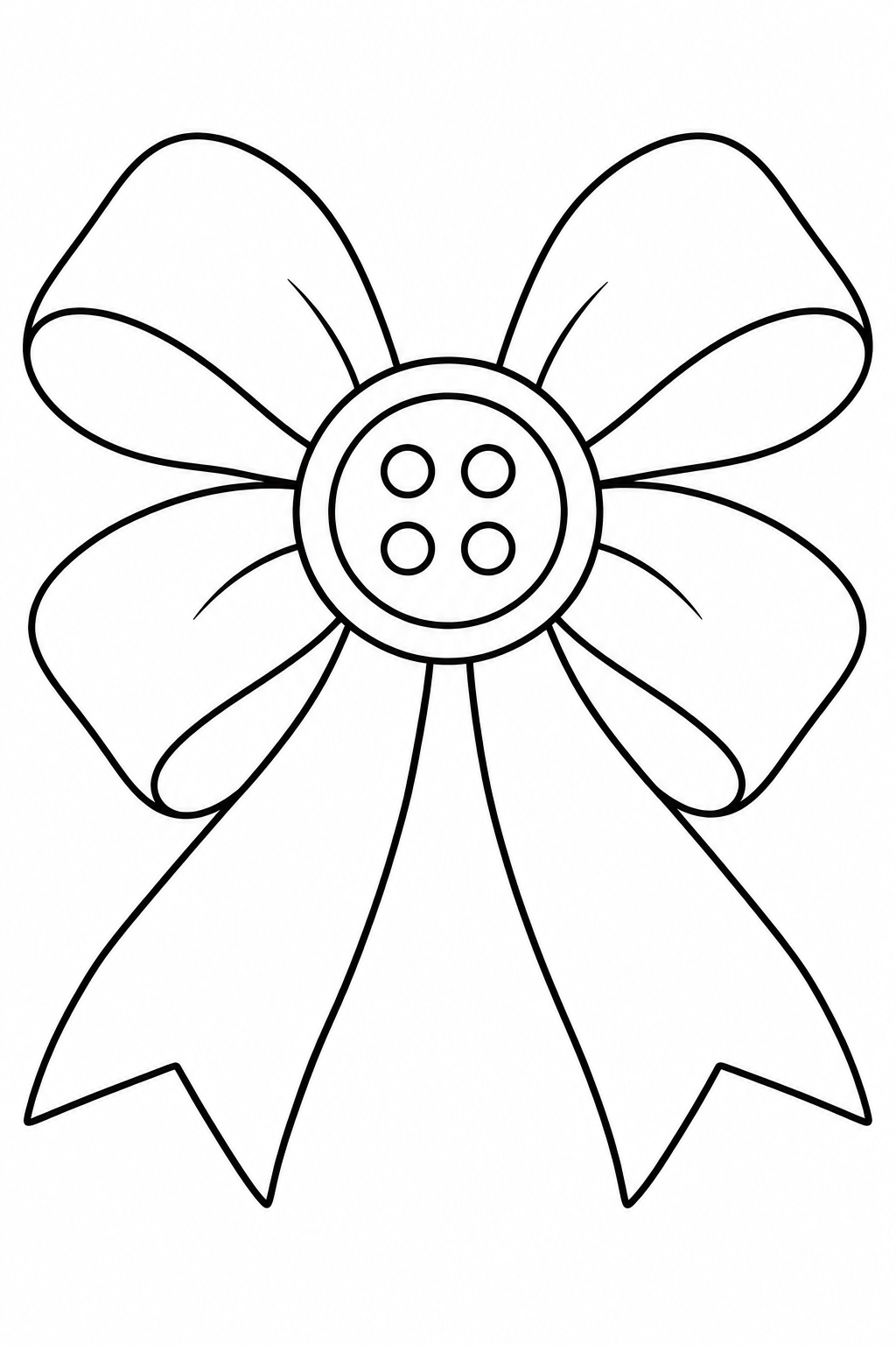 A large button with four holes sits at the center of a four-loop bow with two notched tails.