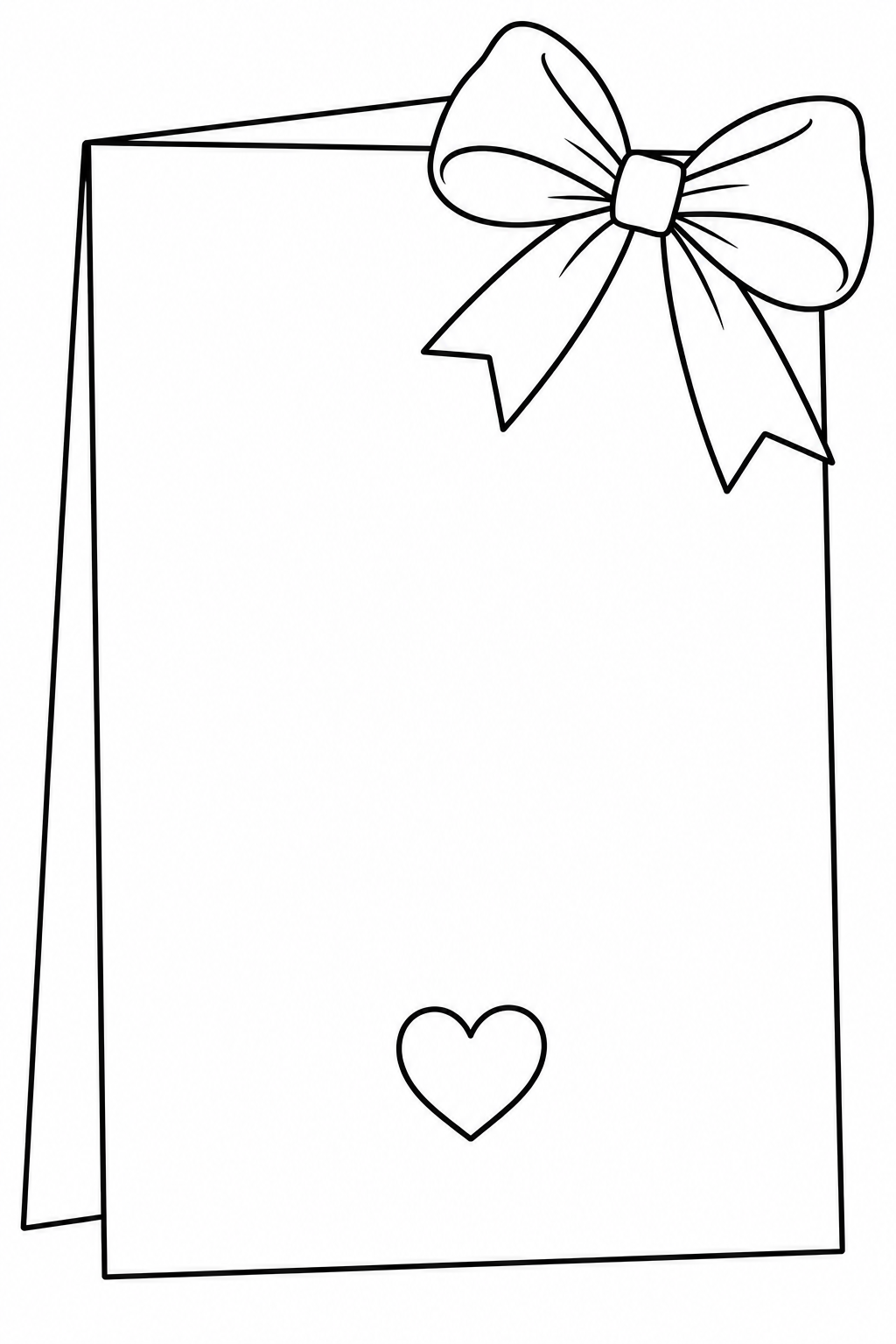 A large bow decorates the upper-right corner of an open folded card, with one small heart near the bottom.