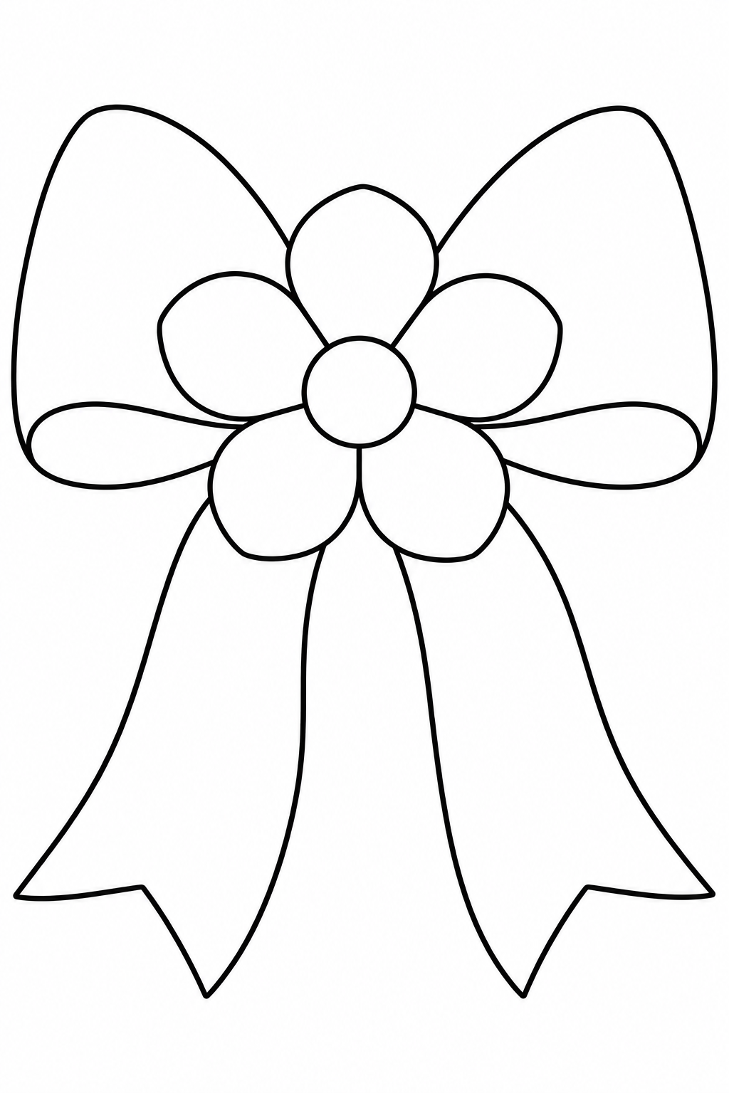 Uma flor de cinco pétalas e miolo redondo cobre o centro de um laço de duas voltas e duas pontas largas.