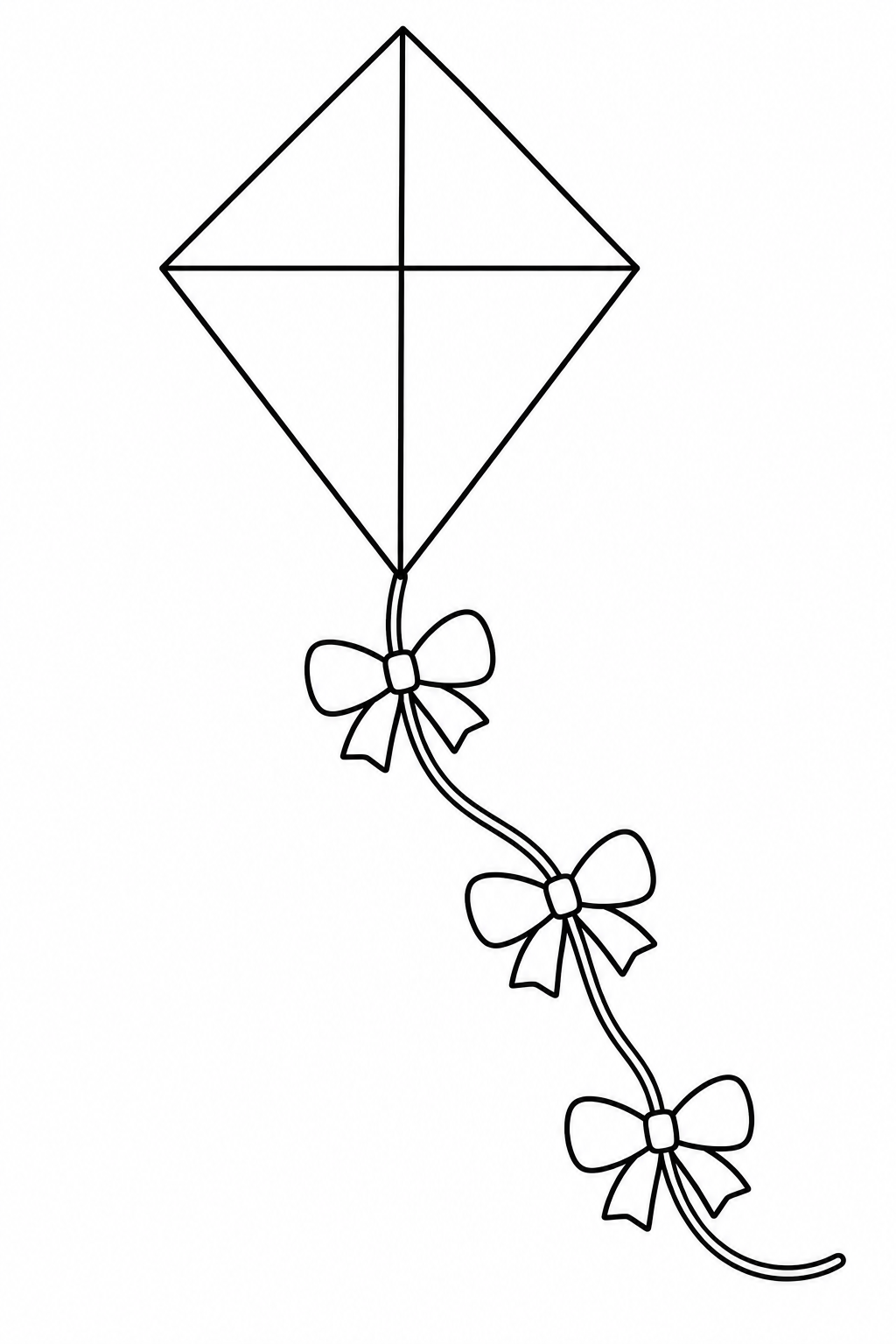 A diamond kite has four broad panels and a curved tail carrying three small ribbon bows.