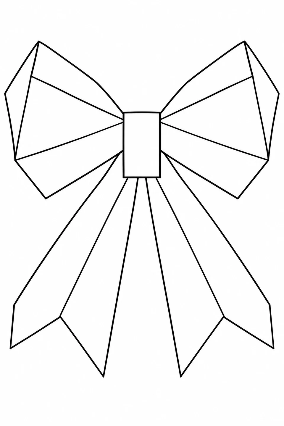 An angular bow has two faceted loops, a rectangular center band and two pointed tails divided by straight lines.
