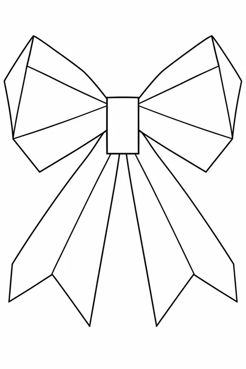 An angular bow has two faceted loops, a rectangular center band and two pointed tails divided by straight lines.