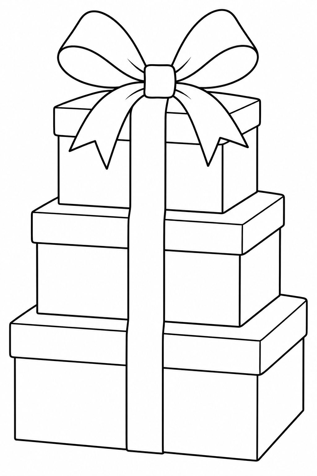 Three gift boxes of different sizes are stacked under a two-loop bow, with one wide ribbon down the front.