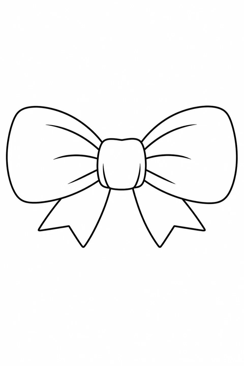 A wide two-loop bow has a large center knot and two short tails with V-shaped ends.