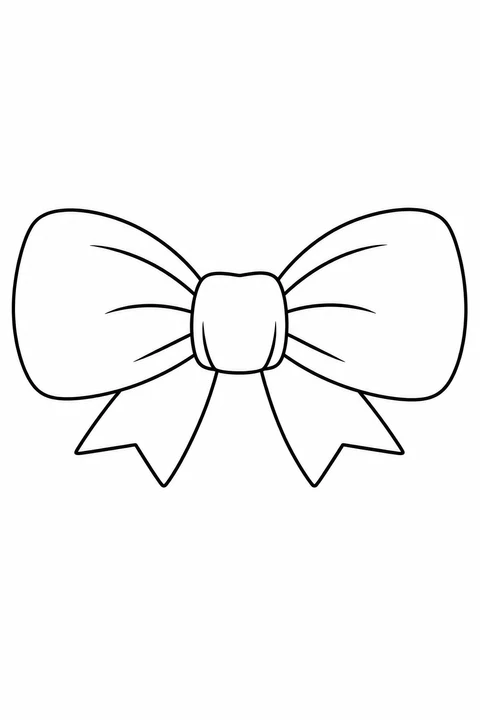A wide two-loop bow has a large center knot and two short tails with V-shaped ends.