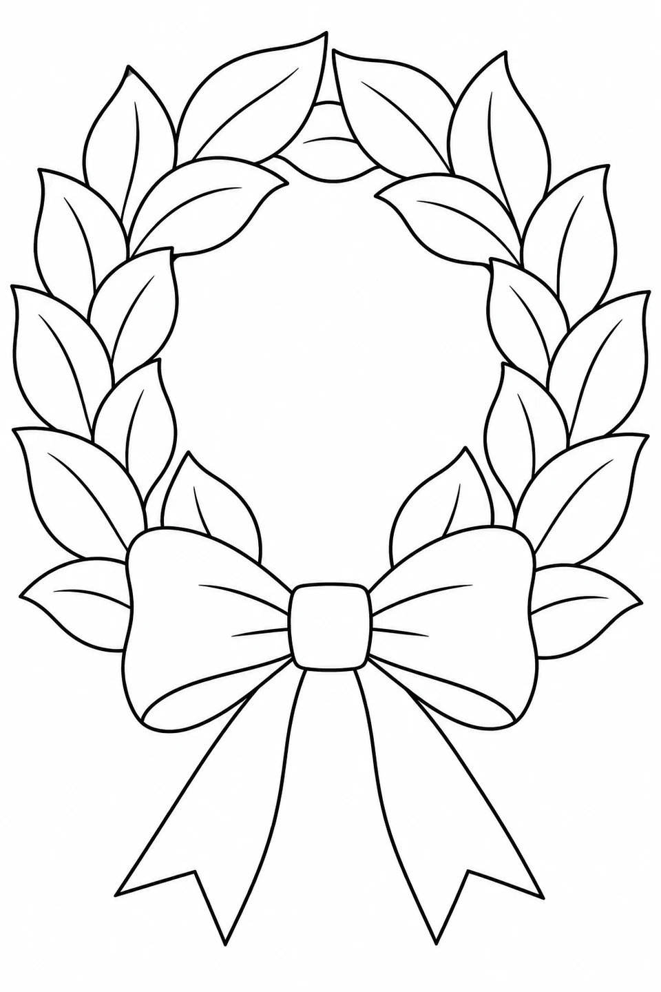 A ring of broad leaves surrounds an open center, with a large two-loop bow and two tails at the bottom.