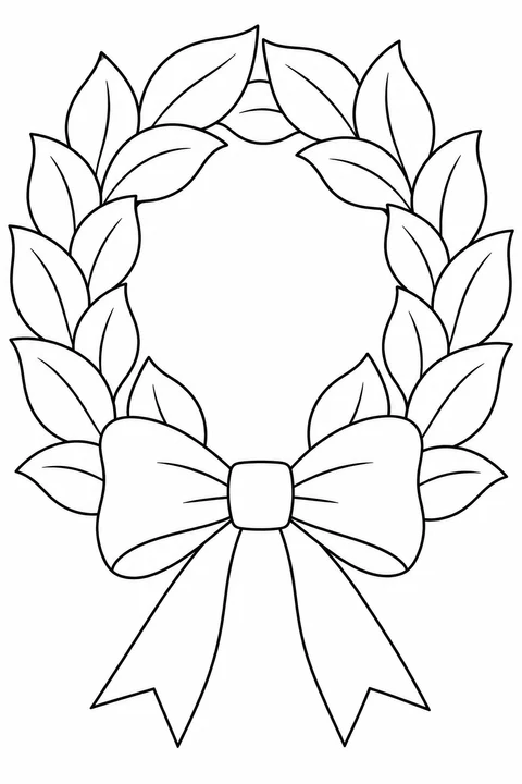 A ring of broad leaves surrounds an open center, with a large two-loop bow and two tails at the bottom.
