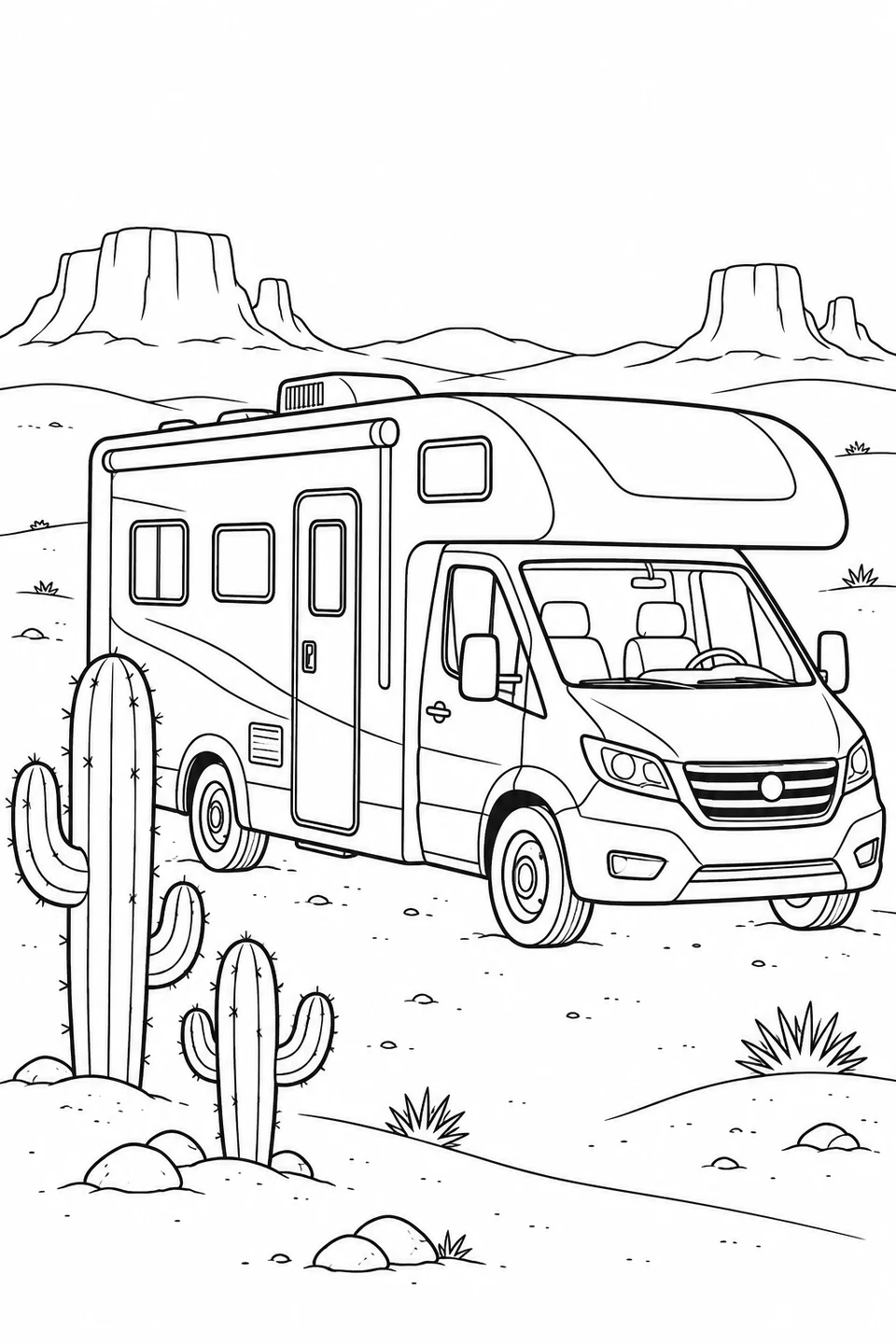 A motorhome stands beside tall cacti, with flat-topped rock formations and low hills behind it.