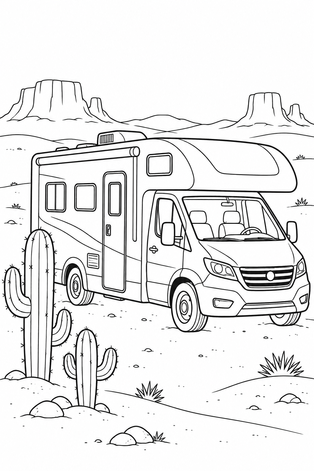 Un camper è accanto a cactus alti, con rilievi rocciosi dalla cima piatta e basse colline sullo sfondo.