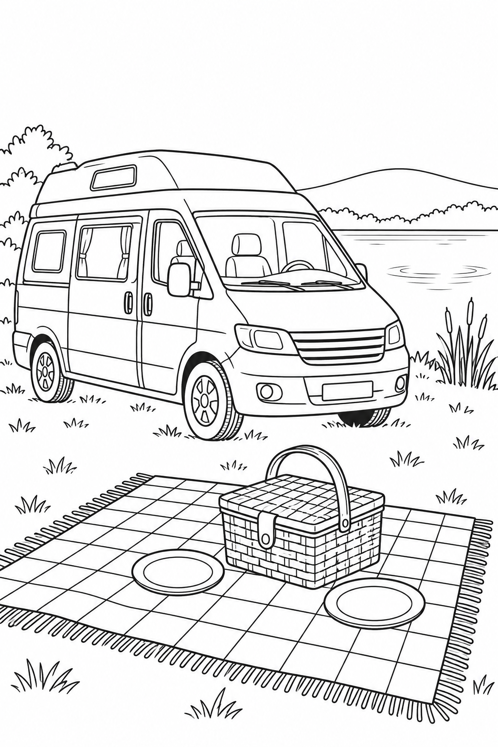 A campervan is parked beside a lake with shore plants and low hills. In front, a checkered picnic mat holds a woven basket and two plates.