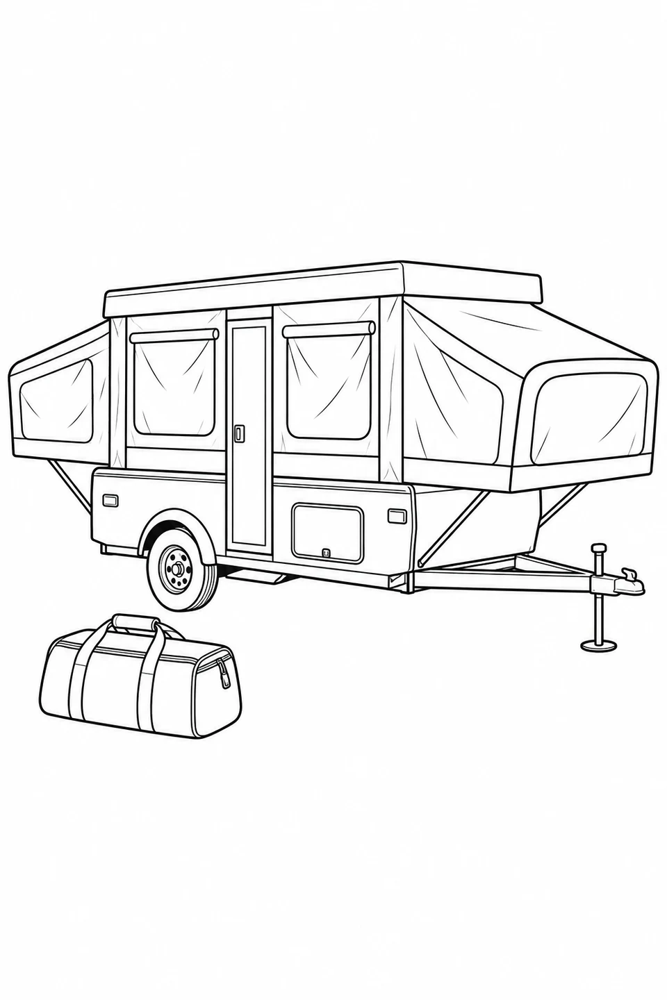 A pop-up camper has a raised roof, broad canvas windows and extended ends. A closed travel bag sits in front.