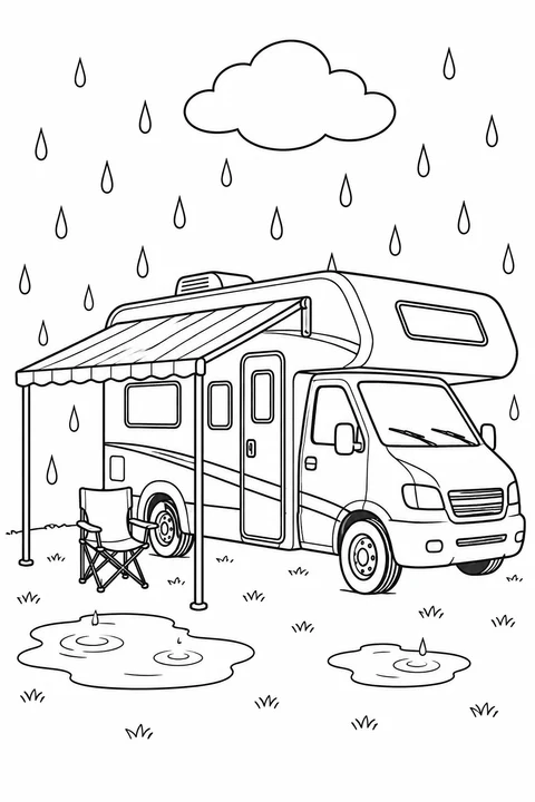 A motorhome has a striped awning with an empty folding chair beneath it. Large raindrops, a cloud and two puddles surround the parked vehicle.