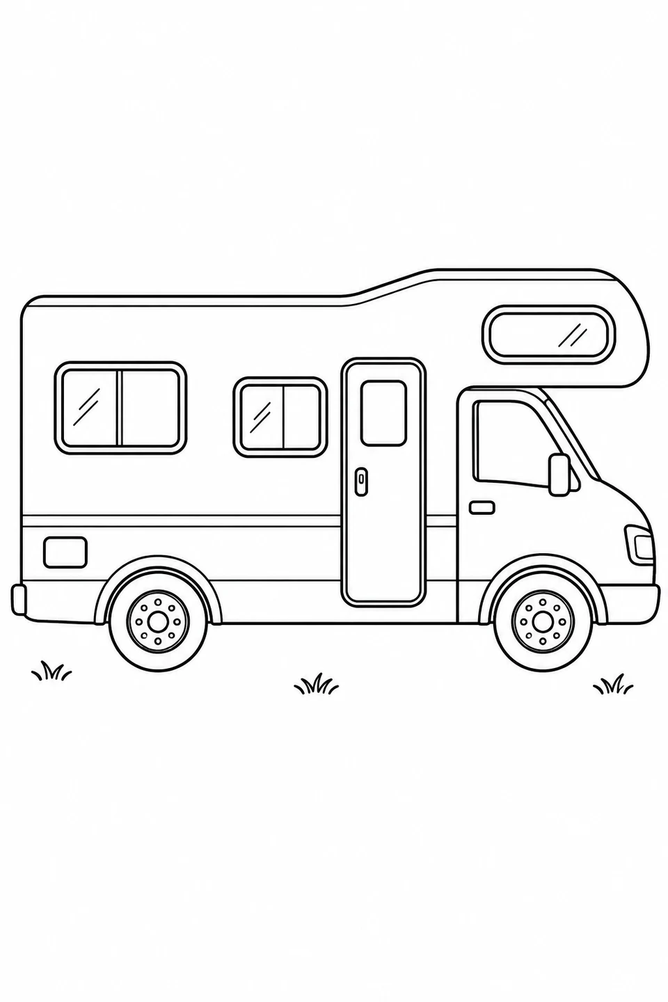 The motorhome’s raised section projects over the cab and has a long rounded window. A side door, two living-area windows and two road wheels appear below.