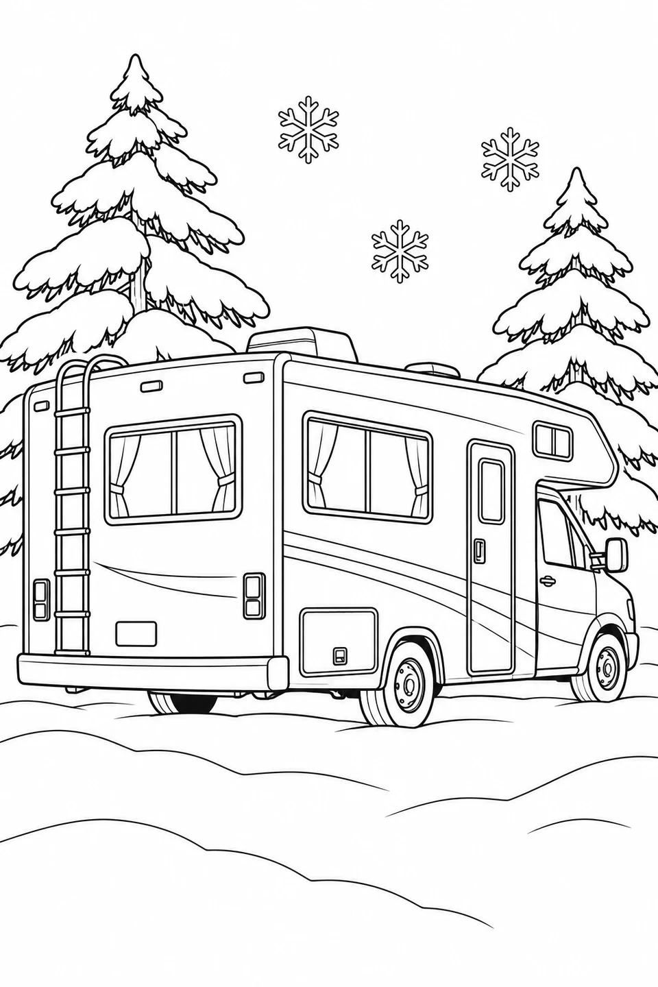 A motorhome with a rear ladder and curtained windows stands beside snow-covered trees. Three large snowflakes hang above the snowy ground.