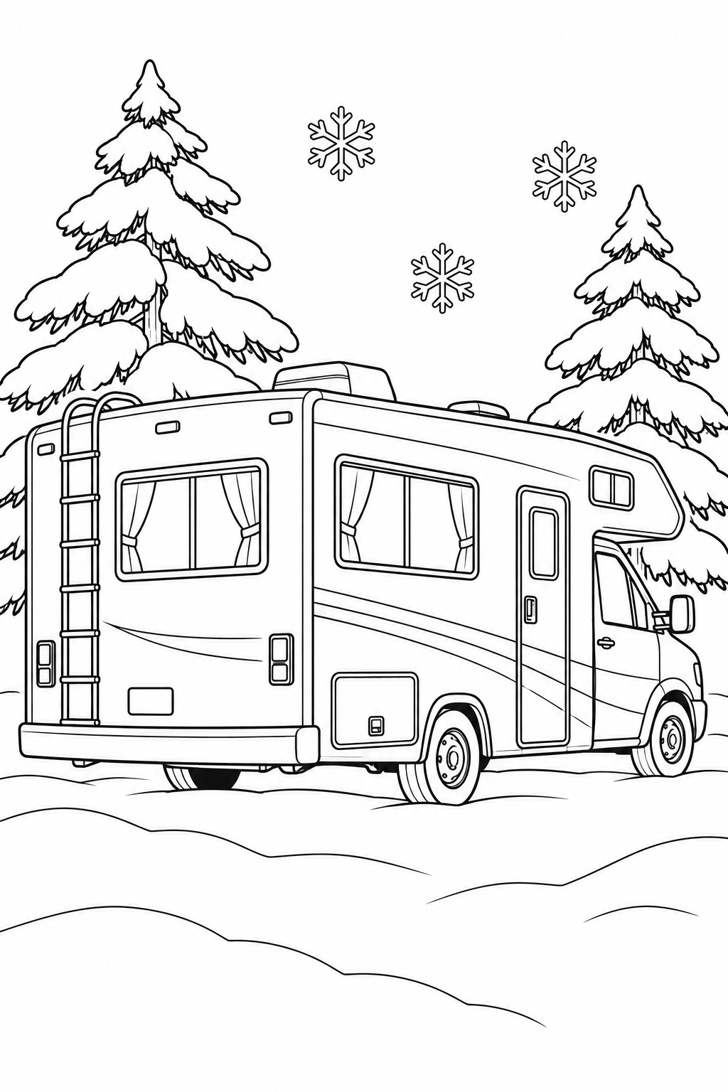 A motorhome with a rear ladder and curtained windows stands beside snow-covered trees. Three large snowflakes hang above the snowy ground.