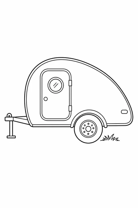 A teardrop-shaped trailer has a tall curved front, a tapering back and a round window in its side door. One wheel and a front support stand are visible.
