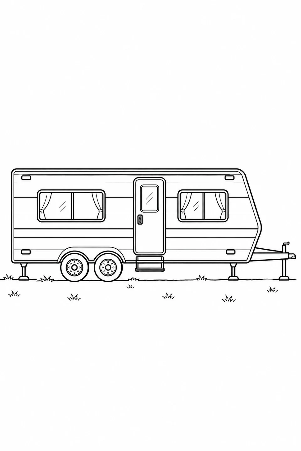 A long trailer has two broad curtained windows, a central door with steps and two adjacent visible wheels. Support feet and a tow bar reach the ground in front.
