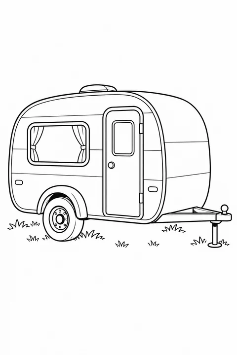 A compact rounded camper trailer has a side door, curtained window and one visible road wheel. Its tow bar and support stand extend in front.