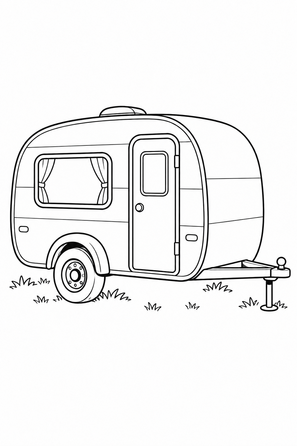 A compact rounded camper trailer has a side door, curtained window and one visible road wheel. Its tow bar and support stand extend in front.
