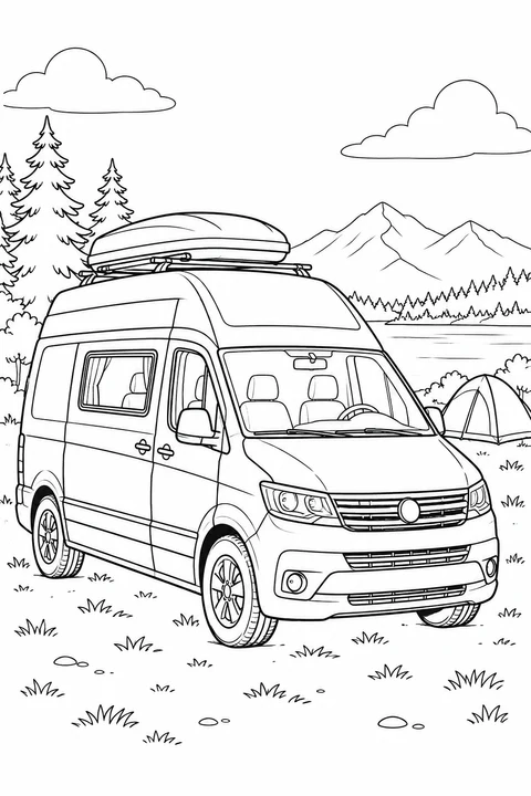 A high-roof campervan carries a closed roof box. A tent, lake, mountains and conifers fill the camping scene behind it.