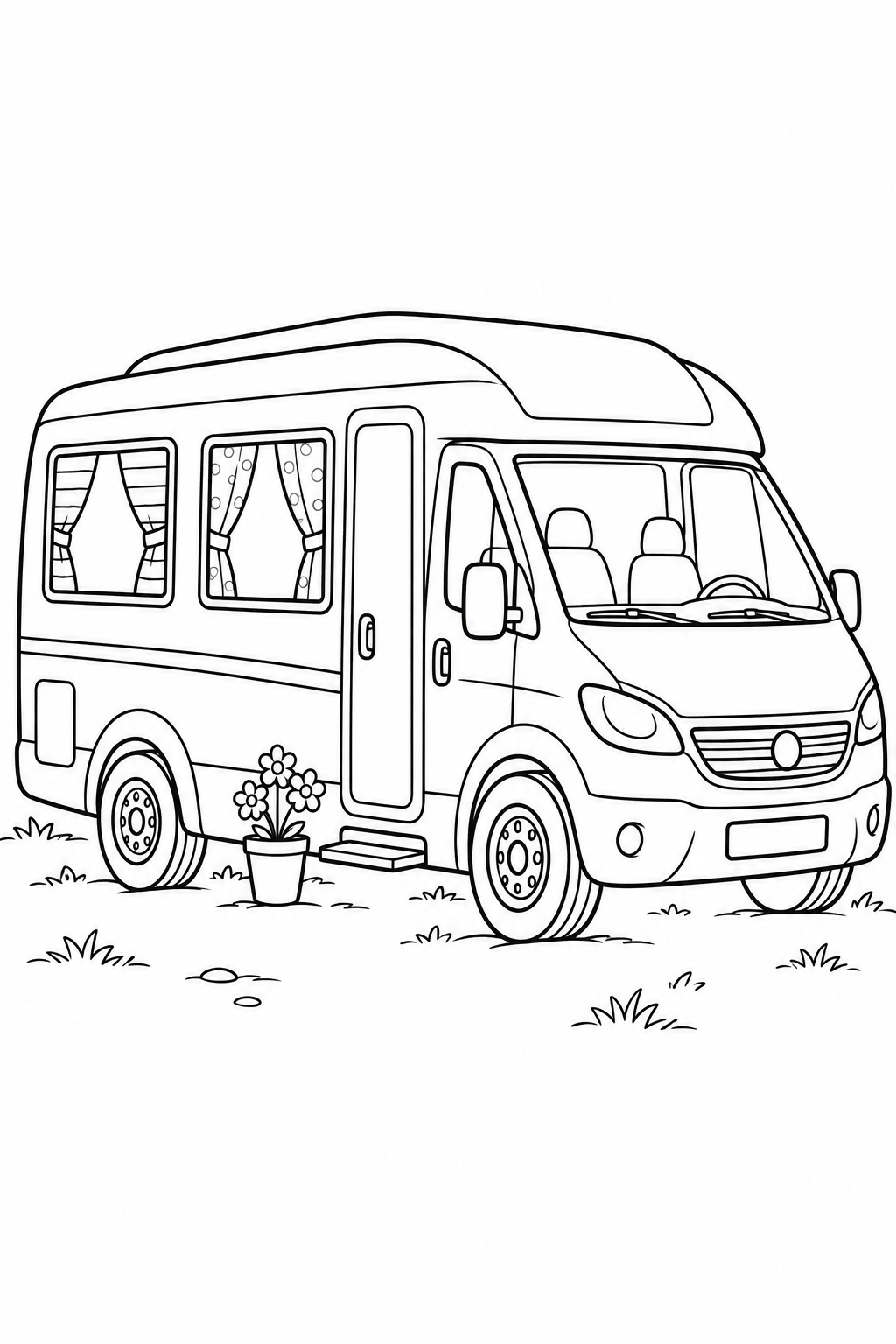 A motorhome has striped curtains in one side window and dotted curtains in the other. A pot of flowers stands beside the door step.