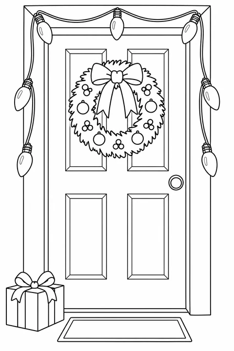 A paneled door has lights around its frame, a bow-topped wreath, a gift and a mat.