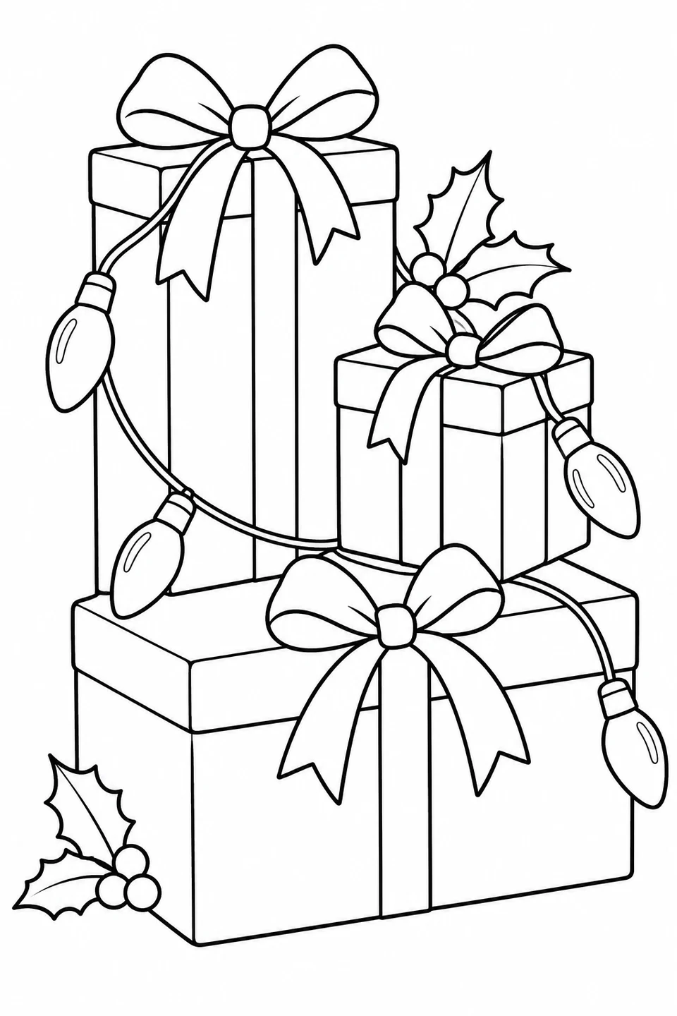 Three ribboned gift boxes form a stepped stack with a light strand and leafy accents.