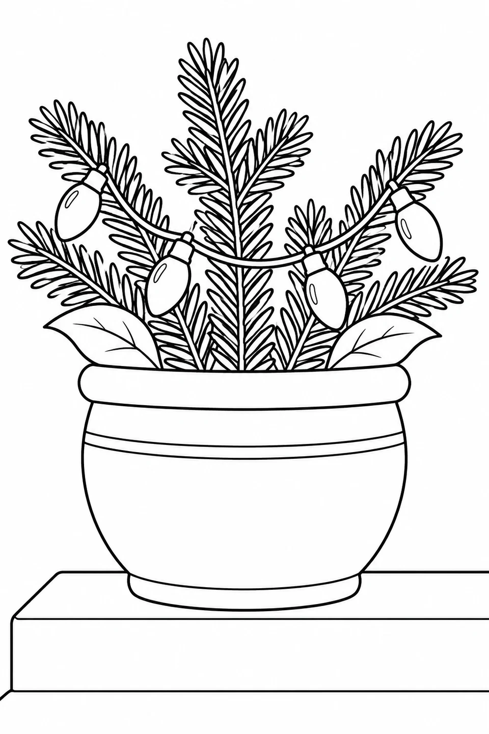 Four bulbs hang across evergreen twigs in a large pot with two broad leaves on a step.