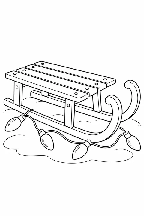 An empty wooden sled rests on snow, with four lights draped around its runners.