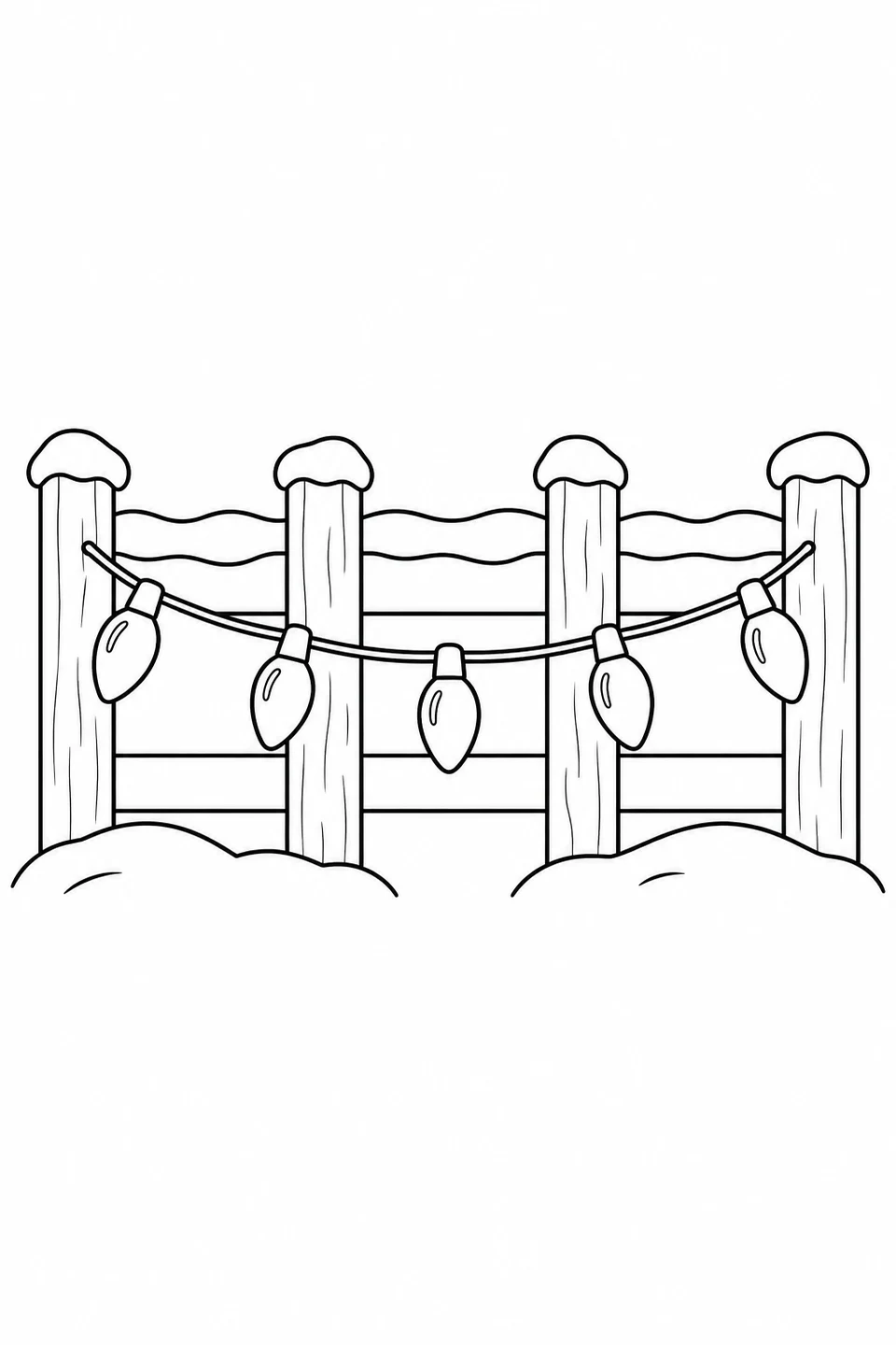 Five bulbs hang along a snow-topped fence above two low snow mounds.