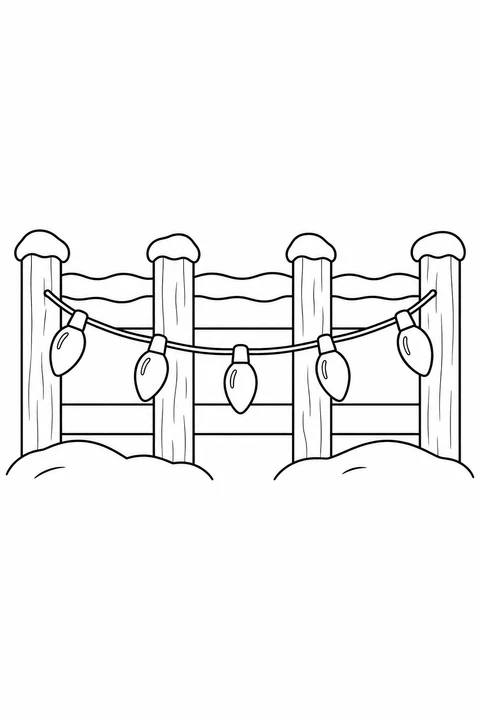 Five bulbs hang along a snow-topped fence above two low snow mounds.