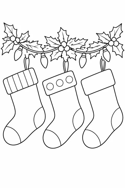 Three stockings with striped, dotted and plain cuffs hang below leafy greenery and lights.