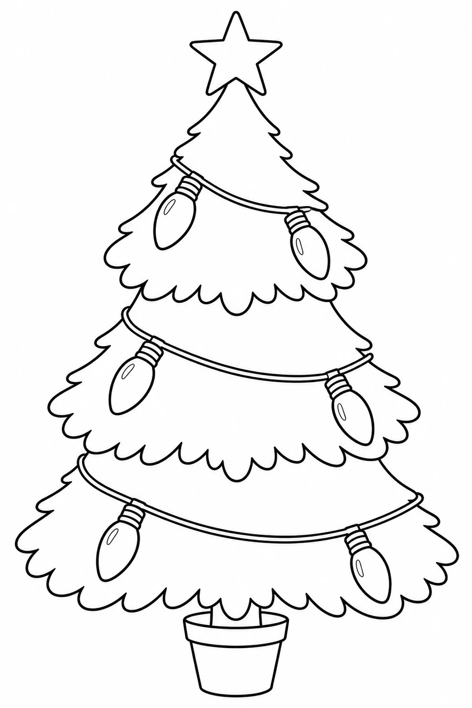 Six large bulbs hang across a star-topped Christmas tree in a pot.