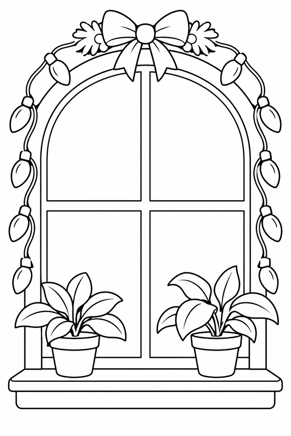 Lights frame an arched window with a bow above and two leafy pots on the sill.
