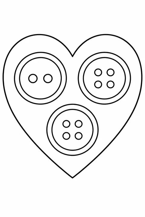 Three large round buttons sit inside a heart; one has two holes and the other two have four.