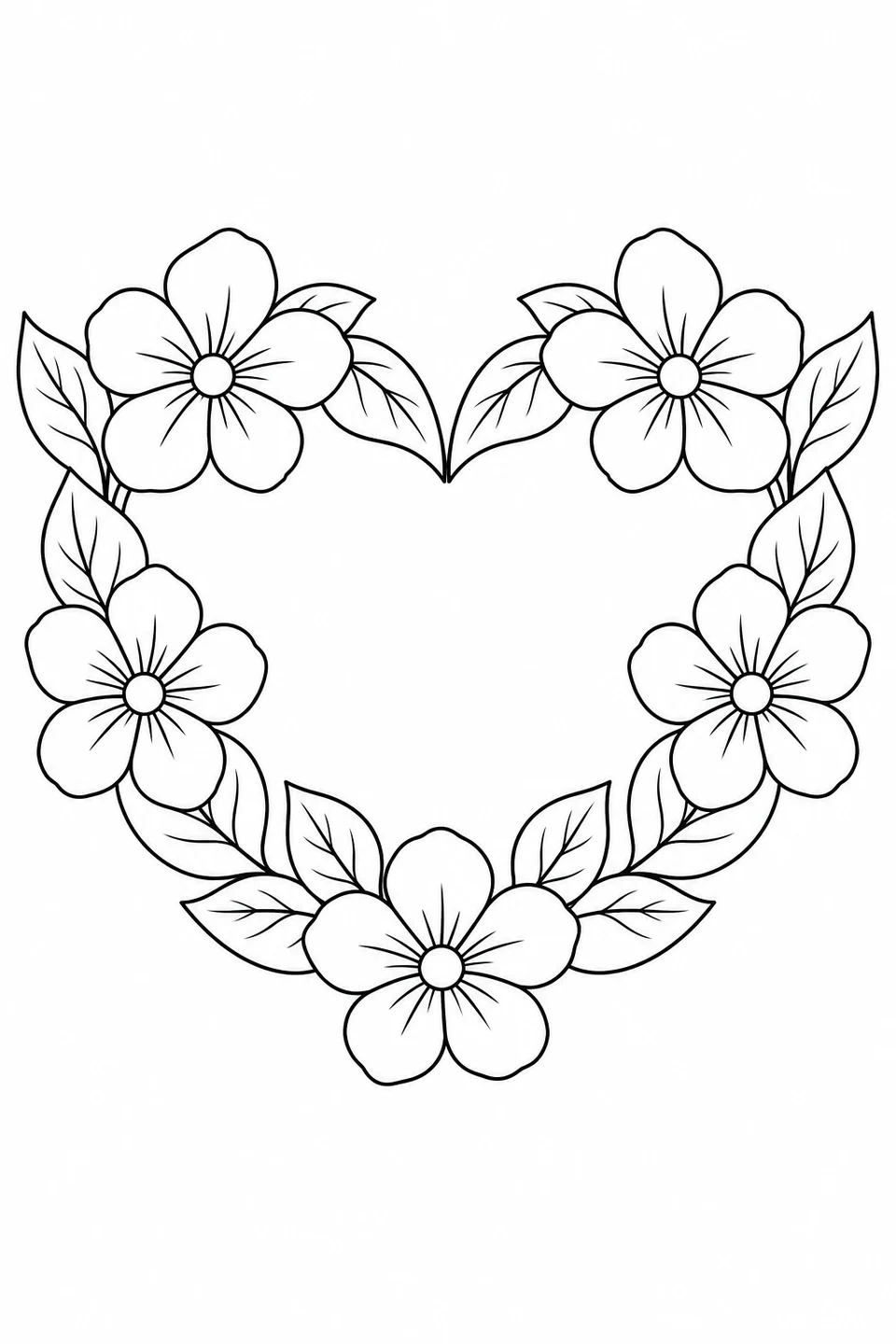 Five flowers and veined leaves surround an open heart-shaped center.