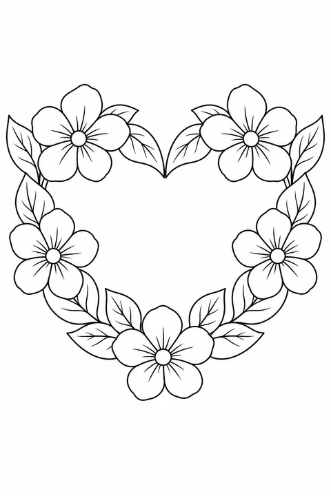 Five flowers and veined leaves surround an open heart-shaped center.